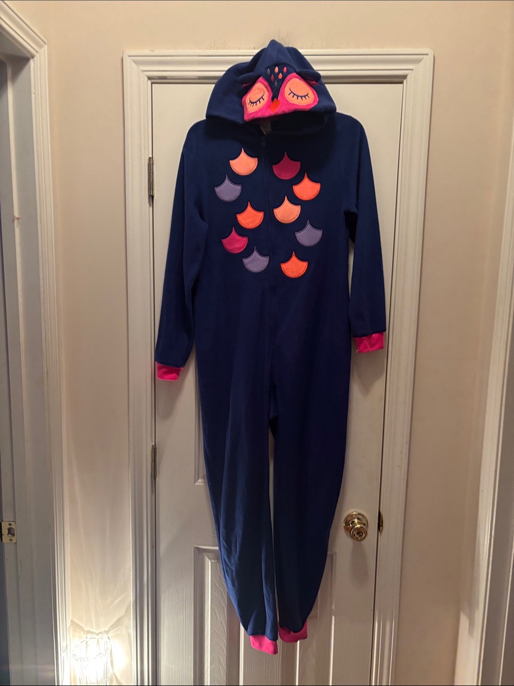 Cat & Jack Navy Blue Hooded Owl Footie with Pink and Orange Accents